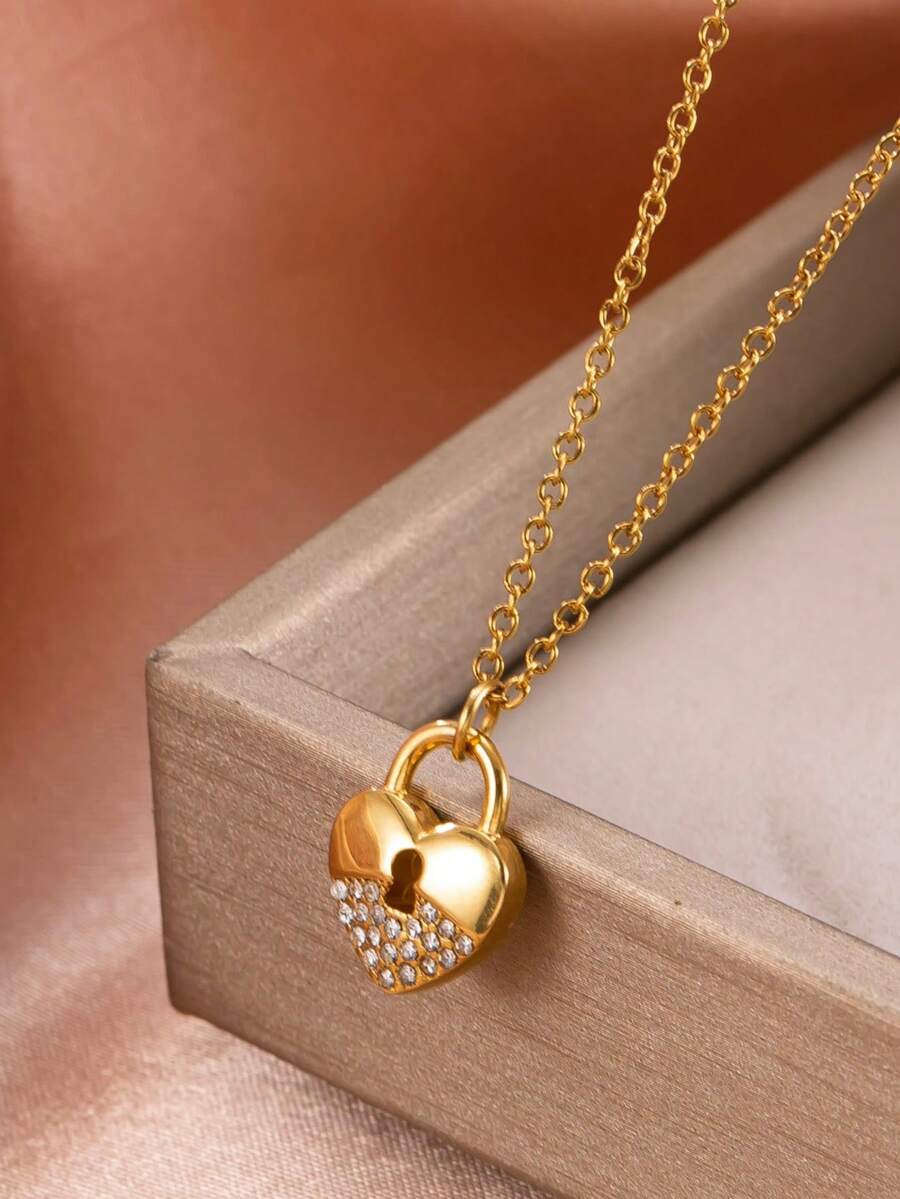 Colar Banhado a Ouro 18K de Aço Inoxidável com Pingente de Chave e Cadeado Decorado com Cubic Zircônia, Corrente Delicada para a Clavícula, Presente de Joias da Moda para Mulheres - Ouro amarelo - Visão 1