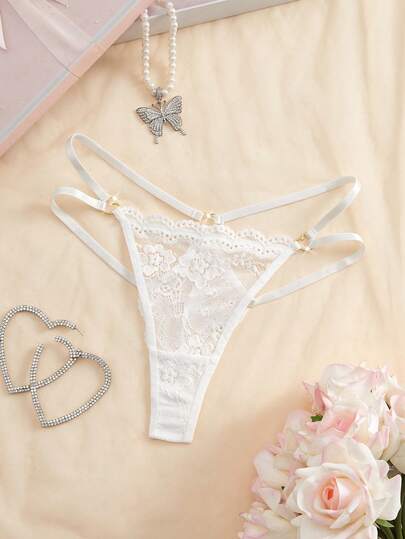 1pc Women's Solid Color Lace Sexy Thong Panty