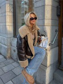 BE 2026 New Short Warm Double-Sided Motorcycle Jacket, Women's Brown Faux Leather Shearling Collar Coat, Fur-Lined PU Leather Jacket - 棕色 - 查看 2