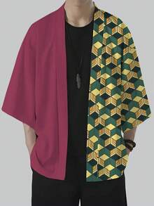 Fashionable & Versatile Men's Casual Kimono Cardigan Shirt - Geometric Digital Print, Front Open Design, Lightweight Polyester Fiber, All Season Style, Ideal For Anime Fans, Breathable Jacket, Polyester Kimono, Cosplay - Hot Pink - View 11