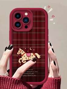 简约格子马图案手机壳，兼容 17 Pro Max、16 Pro、15 Plus、14、13、12、11，柔软保护套带挂绳，节日设计 - 紅色 - 查看 2