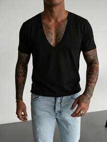 Men's Casual Deep V-Neck Short Sleeve T-Shirt, Suitable For Daily Wear And Commuting - Black - View 2