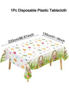 1 pieza Mantel de Pascua, 220x130cm, Mantel desechable de plástico con diseño de conejo de Pascua, huevos, polluelos, mantel rectangular con diseño de flores de primavera y cola de conejo, adecuado para decoración de mesa de cocina y comedor en el hogar, suministros para fiesta de Pascua - Multicolor - Ver 3