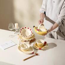 Handpainted Embossed Ceramic Dinnerware, Fashionable Tableware, Deep Plate, Bowl, Straw Hat Bowl, Fruit Embossed Design, High-Quality Premium Dinnerware, Kitchen Household Tableware, Fruit, Snack & Salad Plate, Soup Bowl, Suitable For Family Gatherings, Parties, Home, Restaurant And Cafe - Multicolor - View 5