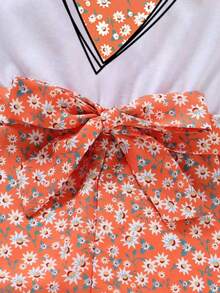 Heart Print Tank Top And Bow Waist Shorts Set For Young Girls - Orange - View 4