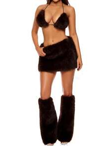 Women's .Y Y2K Fuzzy Outfits Furry Corset Top Mini Skirt Leg Warmer Set Fashion Faux Fur Club Rave Set Streetwear - màu nâu - Xem 1