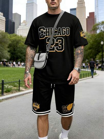 Conjunto de camiseta de manga corta con cuello redondo y pantalones cortos con gráfico de Chicago 23, estilo retro americano para hombres
