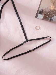 3件套女士性感内衣套装，包括薄纱蕾丝蝴蝶肩带文胸、吊袜带裙、丁字裤和角色扮演服装 - 黑與白 - 查看 8