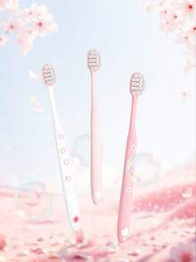 3支装软毛渐变粉色熊猫图案牙刷，家庭装、成人装、情侣装、旅行装 - 粉色 - 查看 3