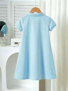 1 pieza Vestido polo estilo dulce y lindo para niñas, primavera/verano - Azul - Ver 2