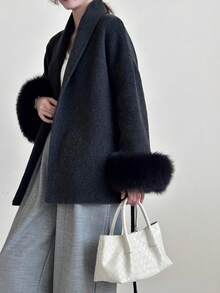 Women's Double-Sided Faux Fur & Wool Blend Coat - Shawl Collar, Tie Waist, Classic Casual, Suitable For Autumn/Winter - The New Black - View 7