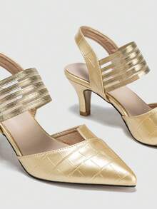 Women's Pointed Toe Asymmetrical Party Gathering Elastic Band Embossed Stiletto High Heel Pumps, Spring/Summer - Gold - View 4