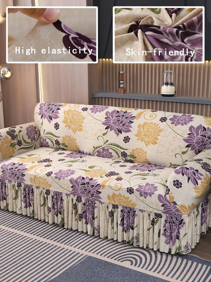 1pc Floral Print Stretch Sofa Cover, Dust-Proof & Dirt-Resistant, Elastic Full Coverage Sofa Protector, Home Decor, Machine Washable - Multicolor - View 1