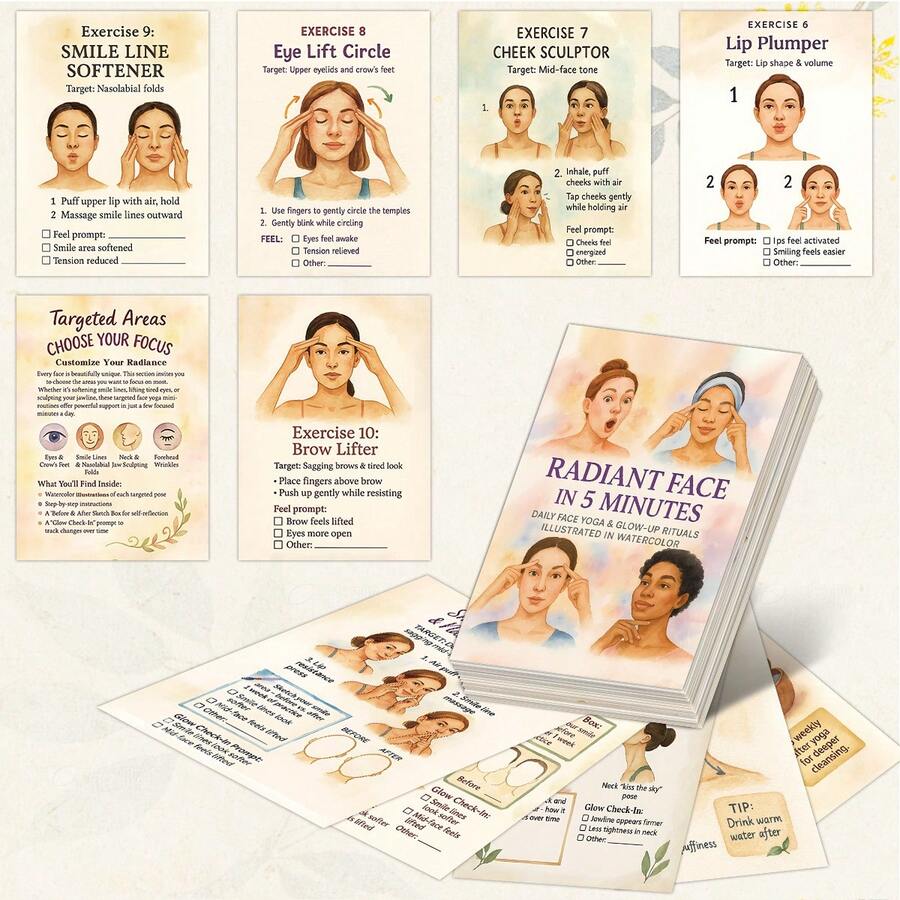 24张面部瑜伽迷你卡片 - 图解面部瑜伽卡片，每日5分钟提亮肤色练习，包含肌肉图解，针对下颌线、眼部、脸颊和颈部的专项练习，以及进度追踪器