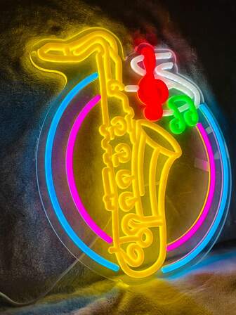 1个LED霓虹灯，萨克斯风造型，音符亚克力背板，USB供电，墙面装饰灯