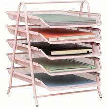Mind Reader 5-Tier Paper Tray Desktop Organizer File Storage Workspace Office Metal Mesh 11.75" L x 14" W x 14.5" H Pink - Rosa - Ver 1