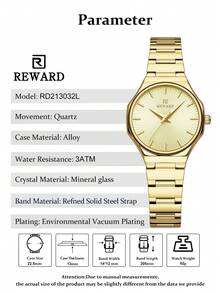 REWARD Women's Quartz Watch, Luxury & Fashion, Stainless Steel Strap, Waterproof, With Watch Box, Elegant & Versatile, Suitable For Business & Casual, Retro Rectangular Watch - Gold - View 5