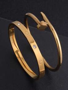 两件套不锈钢时尚手链，18K镀金女士饰品，适合日常佩戴，可作为送给女友、妻子、女儿、女性朋友的礼物。 - 金色 - 查看 5