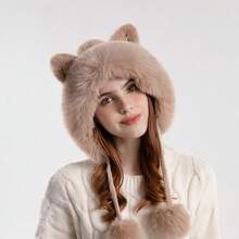 1pc Stylish Faux Fur Fox Ear Neck Warmer Hat, Women Winter Warm Windproof Trapper Hat, Ski Cap - 灰色圍巾- - 查看 11