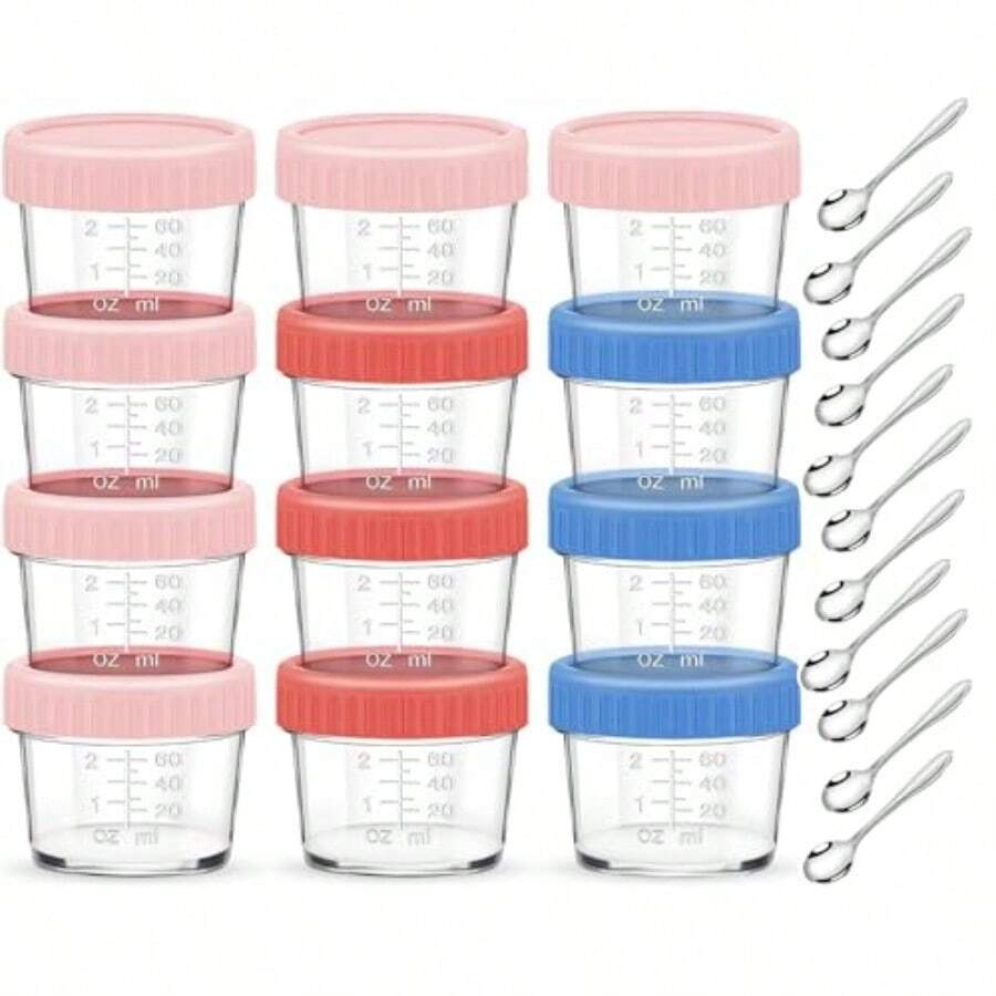 YQQ Juego de 12 Recipientes de Alimentos 4oz Frascos Vidrio Bebé Alimentario Libre BPA Incluye 12 Cucharas Pequeñas de Acero Inoxidable Apto para Frigoríficos Microondas y Lavavajillas5735 - rosa - Ver 1