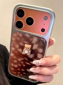 Luxury Autumn And Winter Leopard Print Little Bear Silvery Plating Frame Phone Case Compatible With IPhone 17 16 15 14 13 Pro Max Shockproof Back Cover Gifts - Leopard Print Bear - View 3