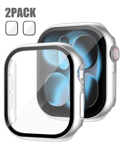 2pcs Silver PC + Tempered Glass Integrated Watch Case, Shock-Proof, Scratch-Resistant, Fashion Protective Cover, Compatible With Apple Watch 40mm/41mm/42mm/44mm/45mm/46mm/49mm, Compatible With Apple Watch Ultra/SE/11/10/9/8/7/6/5/4 Series, Comfortable Wear, Unisex, All-Round Protection