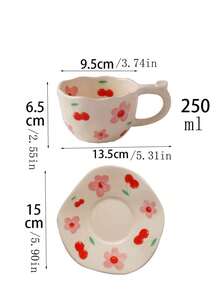 ins风手绘花卉咖啡杯碟套装，少女樱花牡丹陶瓷杯，优雅下午茶餐具，家用早餐杯