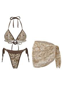 3pcs Women's Sexy Backless Tie Bikini Set, Featuring Artistic Knotted Embroidery Fabric, Paired With Matching Tie Side Skirt, Elegant Beach Party Swimwear - Multicolor - View 6