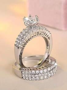 1 Set New Creative Copper Material Zirconia Stone Couple Rings, Suitable For Commuting, Engagement, Party Wear - Ring Set - View 2