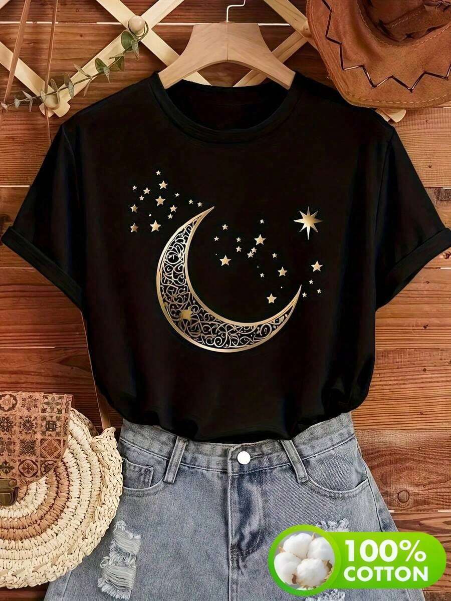 Ropa de mujer de talla grande,Camiseta de algodón con estampado casual de moda para mujer - Negro - Ver 1