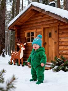 1顶带毛球的婴儿针织帽，冬季保暖针织帽，3D刺绣卡通人物图案，婴儿派对装饰，男女宝宝冬季配饰，新年礼物 - 彩色 - 查看 8