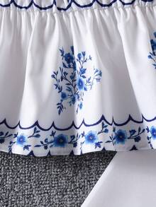 2pcs/Set Young Girl' Floral Ruffle Hem Blouse & Straight Leg Casual Pants Set, Spring/Summer - Blue and White - View 8