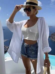 Elegant Women's White Long Flare Sleeve Blouse With Contrast Sequin Evil Eye Pattern, Spring/Summer - White - View 2