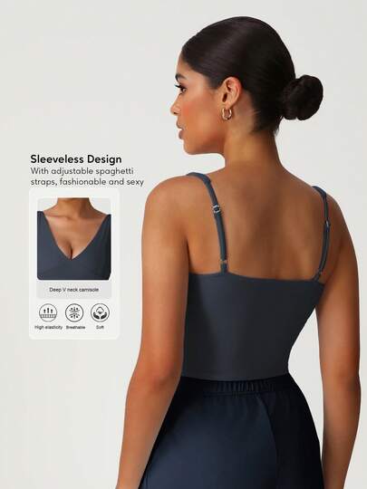 Sodalemon Women Training Gym Top Padded Fitness V-Neck Solid Color Elastic Sport Bra Active Wear Sleeveless Outdoor Casual Running Yoga Sport Tank Top