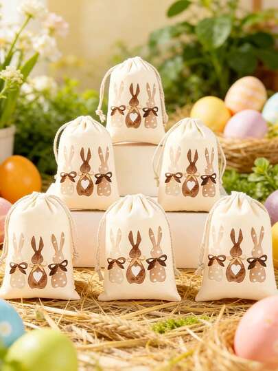 6 st bruna presentpåsar med 3 kaniner och dragsko, presentpåsar med påskhare, lämpliga för babyshower, godisträdgårdsteapartytillbehör, högtidsgåvor, vår-/sommarfestdekorationer