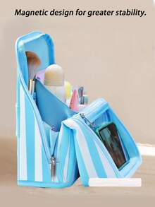 1 pieza Bolsa de cosméticos vertical, nueva bolsa de almacenamiento portátil de estilo chino, adecuada para uso al aire libre, puede almacenar brochas de maquillaje y productos de cuidado de la piel, multifuncional y de gran capacidad. Con diseño de almacenamiento compartimentado, también equipada con un amplio espacio de almacenamiento de papelería, puede servir como un neceser portátil, ideal para viajes y viajes de negocios. - Multicolor - Ver 4