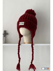 1pc Mixed Color Retro Textured Pom-Pom Earflap Knitted Fisherman Beanie Hat, Autumn/Winter Knitted Cap With Tie For Women, Thick Warm Knit Pom Pom Ski Hat - Fabric Label Pom-pom Knitted Hat - View 7