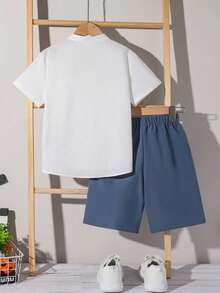 Young Boy Stand Collar Single-Breasted Shirt And Shorts Set - White - View 2