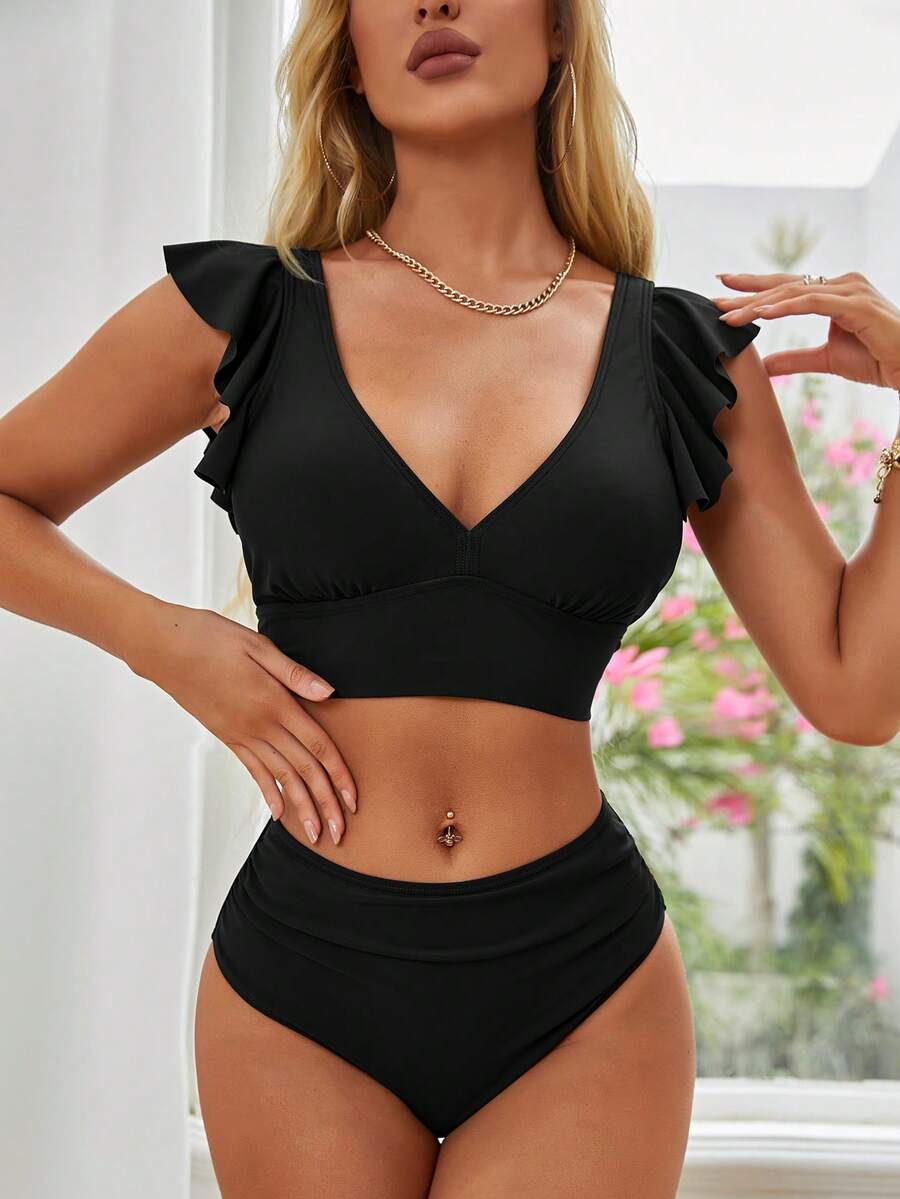 Conjunto de bikini bohemio con escote en V, mangas con volantes, nudo delantero y espalda descubierta para vacaciones de verano de mujer - Negro - Ver 1