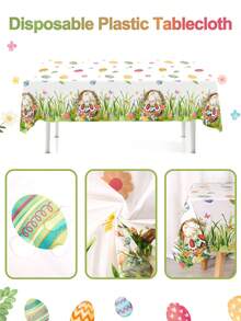 1 pieza Mantel de Pascua, 220x130cm, Mantel desechable de plástico con diseño de conejo de Pascua, huevos, polluelos, mantel rectangular con diseño de flores de primavera y cola de conejo, adecuado para decoración de mesa de cocina y comedor en el hogar, suministros para fiesta de Pascua - Multicolor - Ver 9