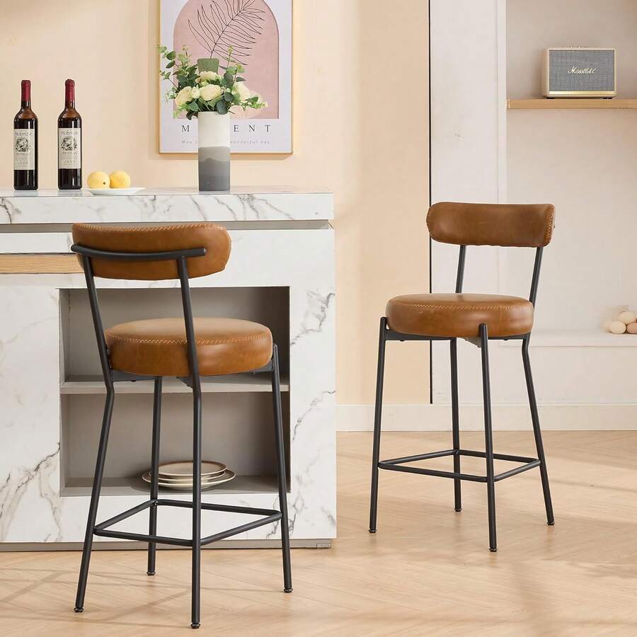 Techigher Bar Stools Set Of 2, Mid Century Counter Height Bar Chairs With Metal Legs, Upholstered Modern Bar Stool Chair For Kitchen Island - Brown PU - View 1