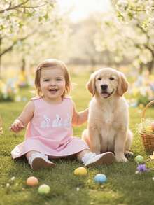 Vestido de conejo de Pascua sin mangas para bebé y niña pequeña con bordado de conejo, conjunto de fotos familiares de primavera para bebé - Rosa - Ver 3