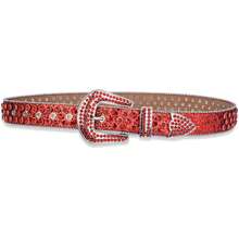 Women's Faux Rhinestone Studded Red Belt Men's Fashion Western Cowboy Punk Rhinestone Leather Belt - Red - View 8