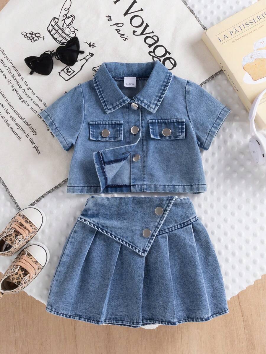 2pcs/Set Infant Girls' Preppy Style Short Sleeve Jacket Top And Pleated Skirt Outfit, Suitable For Daily, Outdoor, School, Commute, Vacation In Summer - Blue - View 1