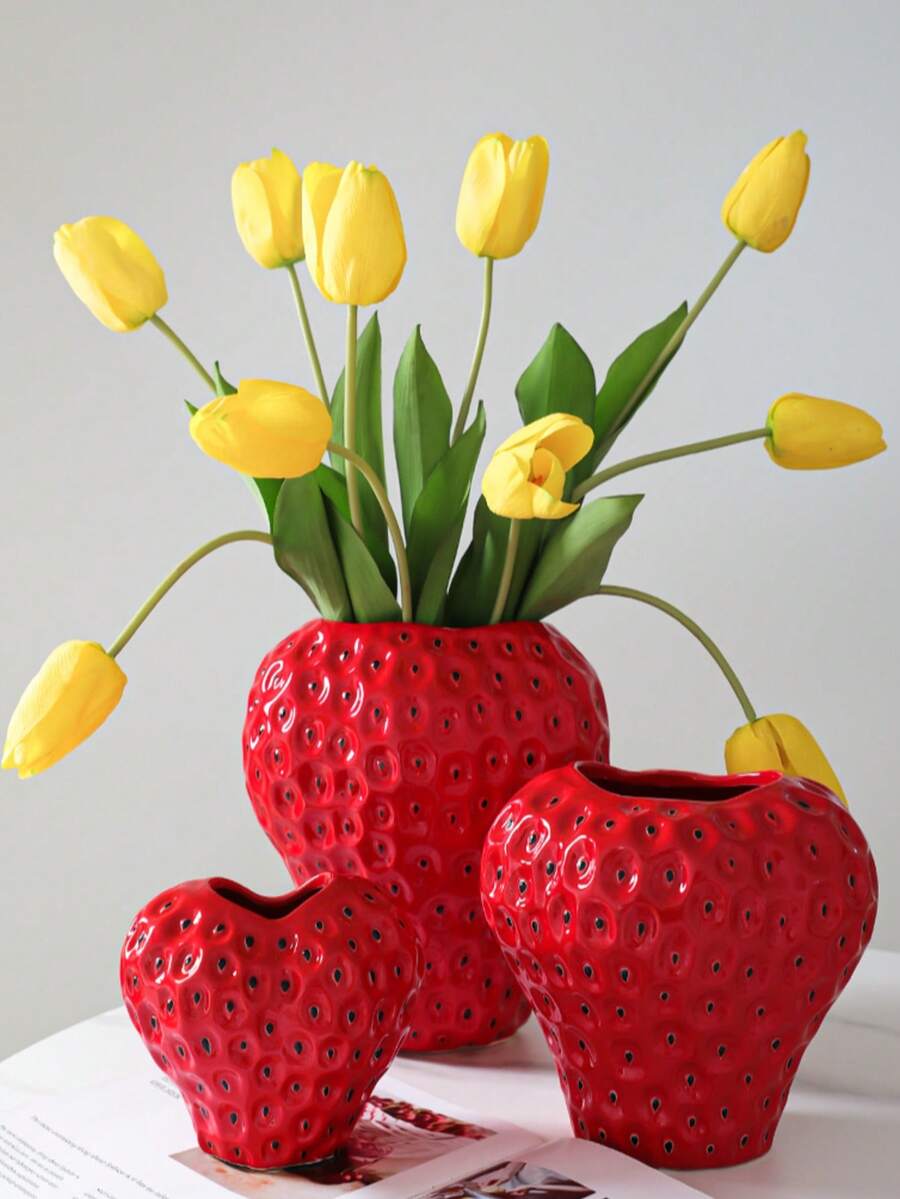 1 Stück kreative Erdbeervase, hochwertig und elegant, geeignet für exklusive Wohndekoration, künstlerische Dekoration und einzigartige Obst- & Blumenarrangements. Süß erdbeerförmige Vase, liebevolle fruchtthematische Dekoration für den Schreibtisch Zuhause. - Verschiedenfarbig - Übersicht 1