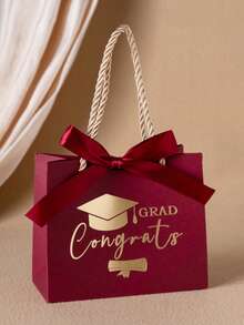 2/10/30个装毕业帽印花礼品袋，带编织绳提手，5.6 x 2.4 x 4.7 英寸迷你烫金印花礼品袋，带蝴蝶结丝带，毕业派对回礼袋，派对礼品盒（绿色、酒红色、黑色） - 彩色 - 查看 12