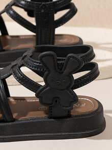 1 Pair Baby Solid Color Bear Decor Hook And Loop Cute Flat Sandals, Suitable For Daily Outdoor Wear - Black - View 6