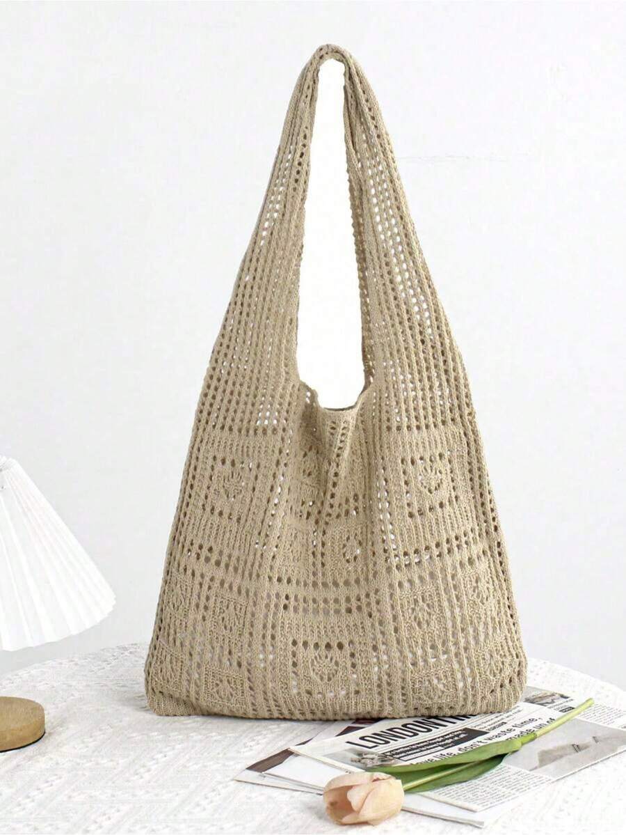 Minimalist Crochet Hollow Design Tote Bag, Large Capacity And Portable, Suitable For Teenagers, Women, College Students, Office Workers, Ideal For Work, Back To School, Middle School, High School, University, Vacation. Can Be Perfectly Matched With Crochet Sets, A Must-Have Item For Vacation, Can Also Be Perfectly Matched With Beach Accessories. This Bag Is One Of The Most Popular Beach Bags For Women, Also A Beach Essential, Beach Supplies And Summer Essential. It Is The Perfect Choice For Summer, Vacation And Beach, Also The Latest Holiday Bag. - Khaki - View 1