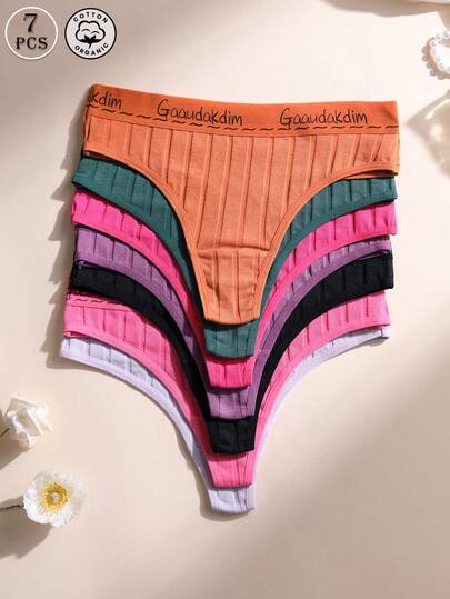 7 PCS Sexy Women's Ribbed Cotton Thongs Low Waist Seamless Letter Belt Panties Briefs Soft Comfortable & Breathable Underwear For Yoga, Sports And Daily Wear