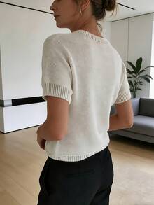 Áo dệt kim tay ngắn cổ tròn màu trơn đơn giản, phong cách tối giản, đa năng, màu trắng, thích hợp cho mùa hè. - trắng - Xem 2